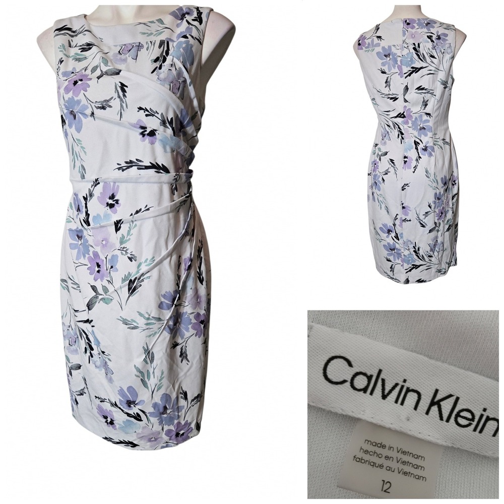 Calvin Klein Floral Sleeveless Sheath Dress White Purple Blue Size 12 Ruched